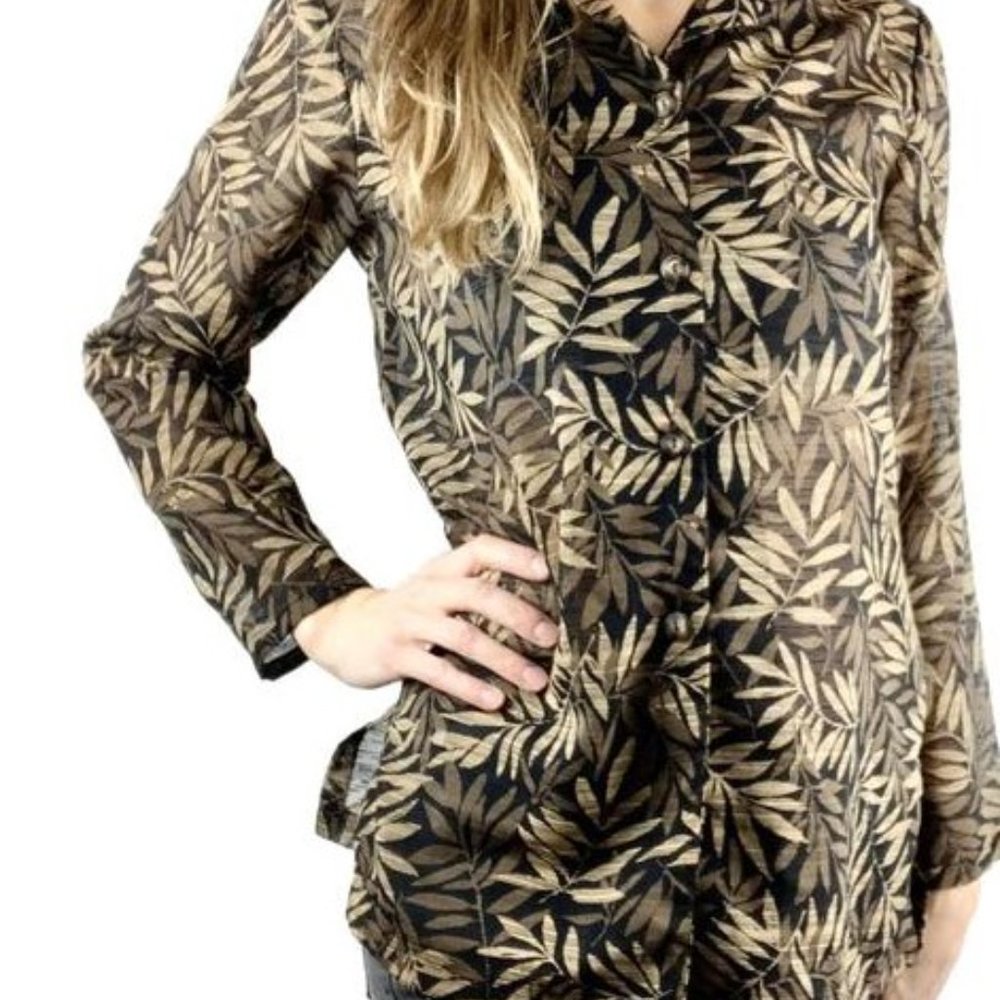 Coldwater Creek Palm Fronds LS Sheer Blk Tan Blouse Button Front Shirt Sz XL